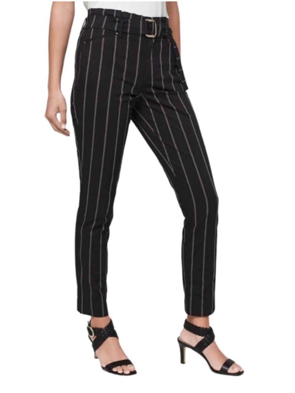 White House Black Market The Slim Ankle Black Pinstripe Paperbag Pants Size 8